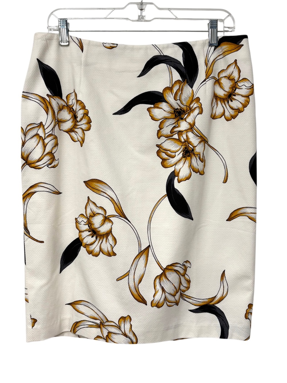 WHBM Floral Textured Pencil Skirt White Gold Tulip Size 10